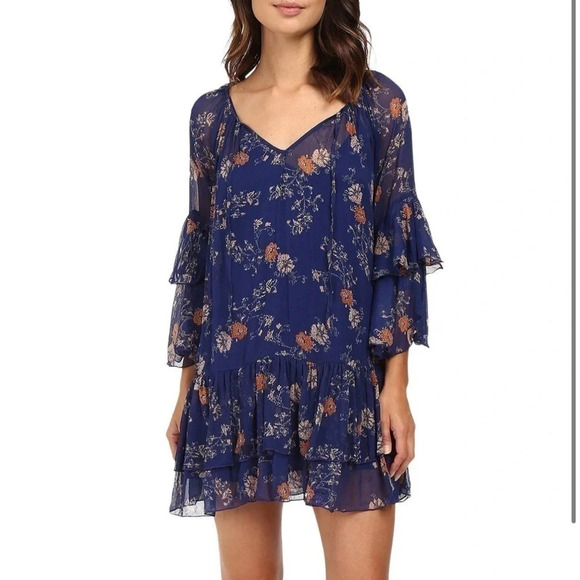 Free People Floral Boho Tiered Tunic Mini Dress size S - Picture 1 of 8